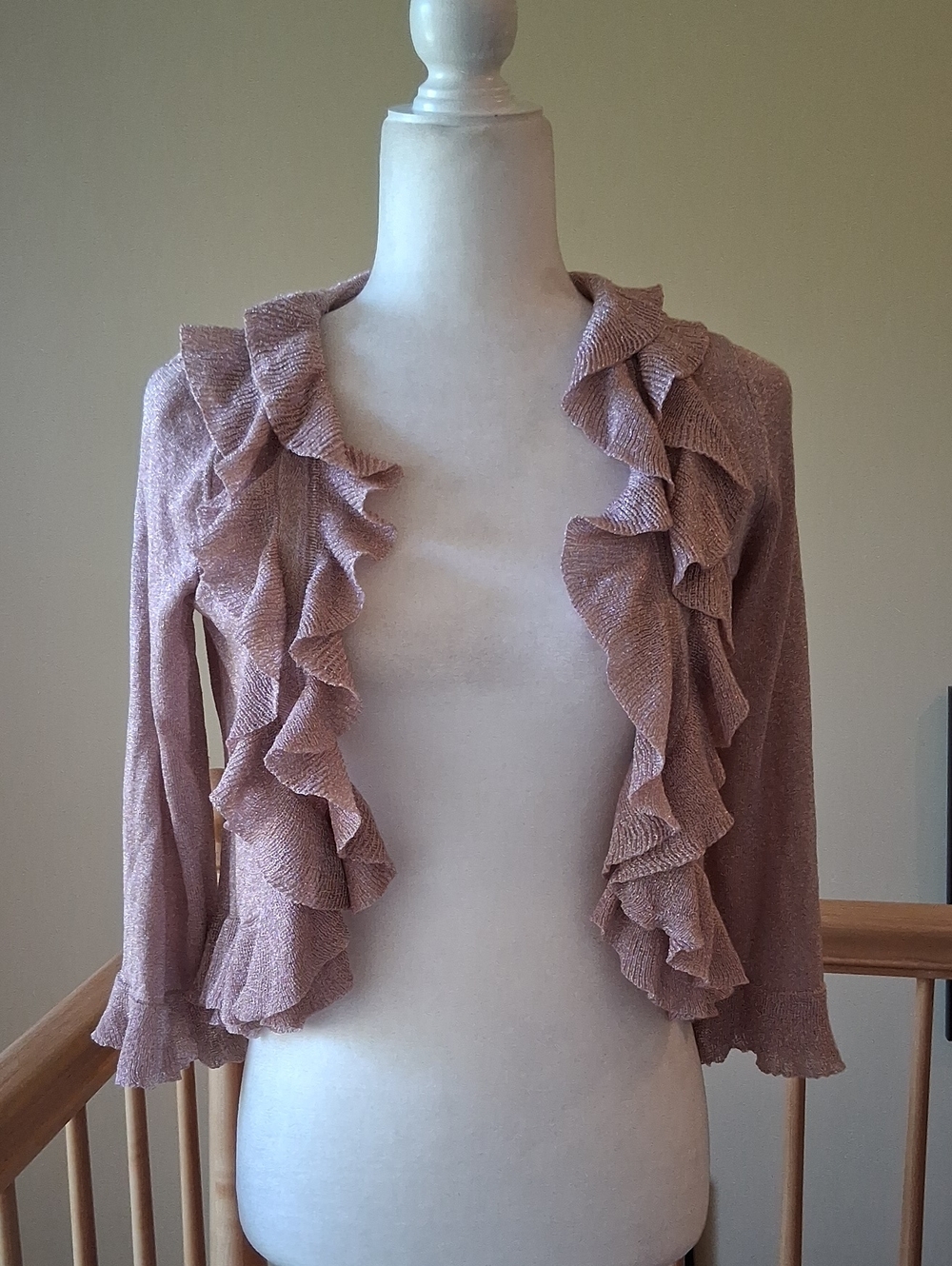 Kumikyoku Prier Japanese Brand Ruffled Open-Front Knit Shrug in Dusty Rose